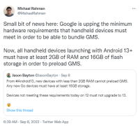 谷歌Android13新规，少于2GB内存的手机不能预装GMS